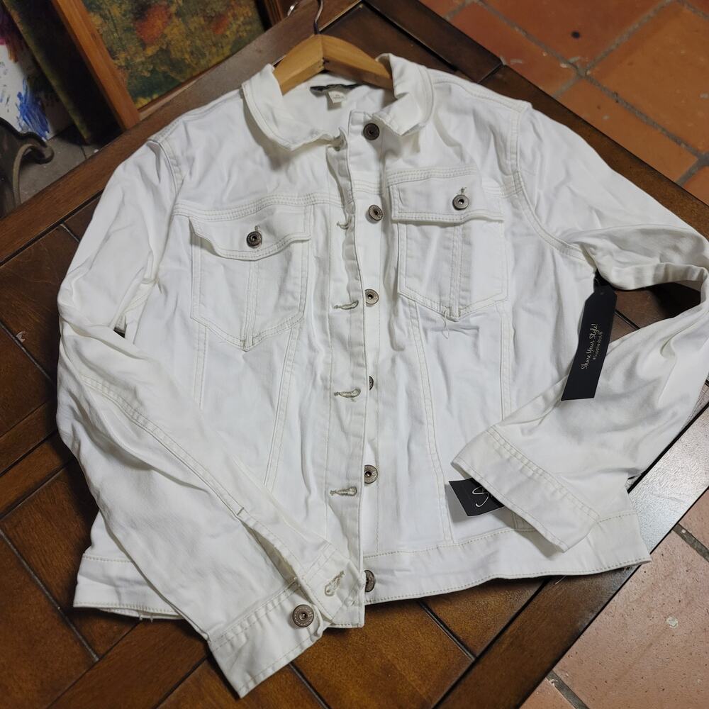 Supplies Womens Size Medium White Denim Jacket Button Long Sleeve cotton Stretch